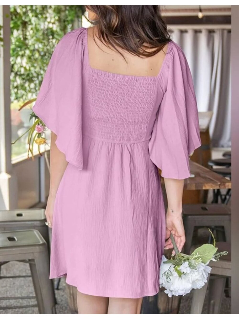 NWT Women’s Lavender Tie-Front Smocked Mini Dress With Flutter Sleeves Size L - Picture 2 of 10